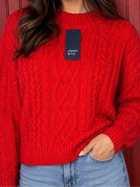 crown & ivy Bright Red Cable Knit Crewneck Sweater